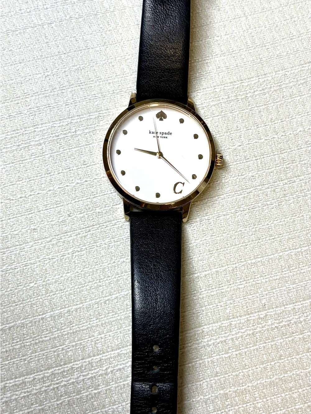 kate spade Black Leather Watch with White Dial and Gold Accents
